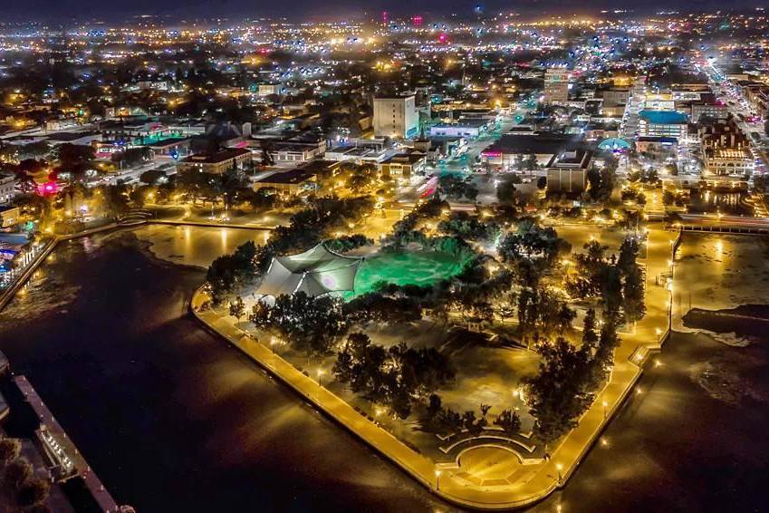 aerial view of downtown stockton at night
